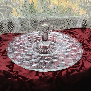 Vintage Fostoria American Round Crystal Clear Glass Handled Lunch Tray in Elegant Cube Design Pattern Antique Fostoria Crystal Handle Dish