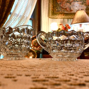 Vintage FOSTORIA AMERICAN Crystal Clear Sugar Bowl & Creamer Cream Pitcher Fostoria Crystal Cube Pattern Antique Glass Fostoria Crystal Dish