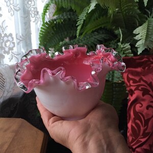 Vintage FENTON Collectible Art Glass Peach Crest Double Crimped Pattern BRIDE&#39;S BOWL Cased Pink White Milk Glass Feminine Gift Idea for Her