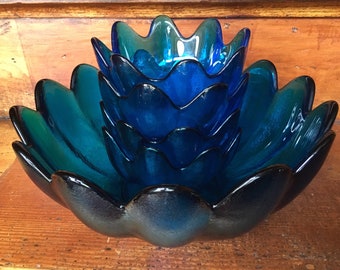 Vintage 1965 / 1966 BLENKO Glass SALAD Bowl SET Peacock Blue Lotus Petal Shape Design Made by Wayne Husted Mid Century Modern Serving Dishes