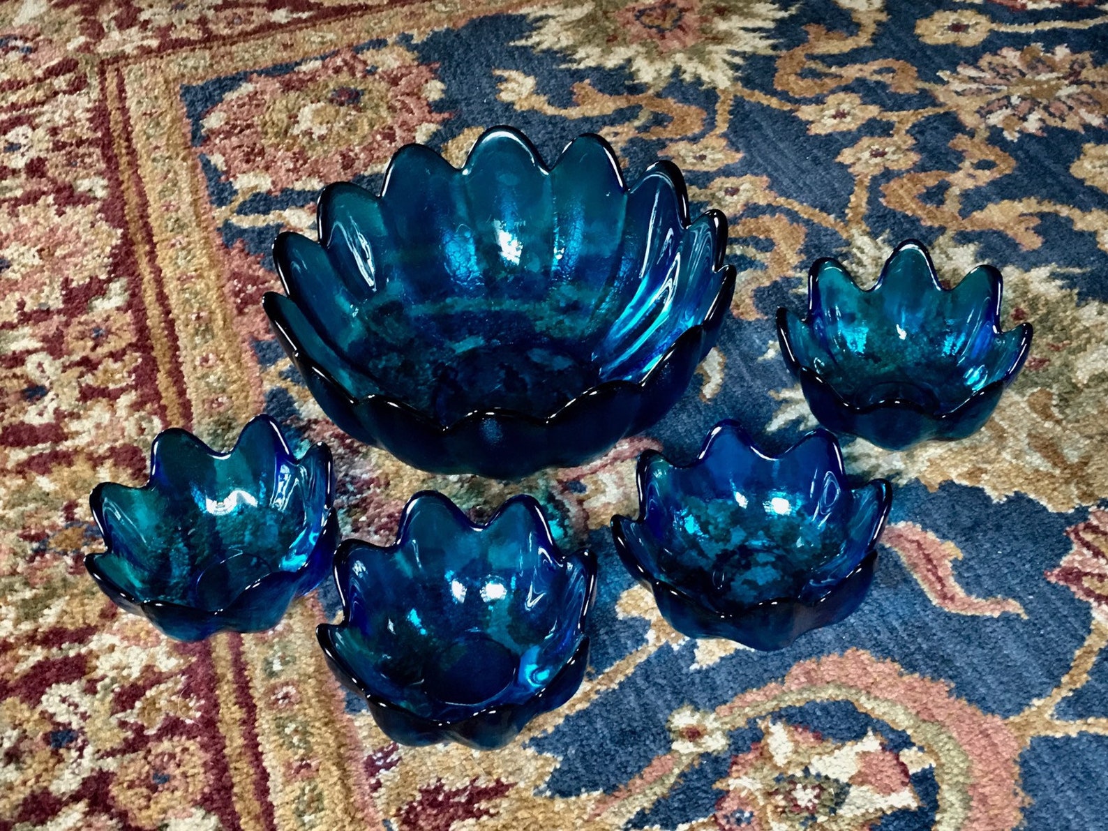 Vintage 1965 / 1966 BLENKO Glass SALAD Bowl SET Peacock Blue Etsy