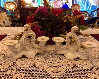 VINTAGE Gerold Porzellan Bavaria White & Gold CANDLESTICK SET Made of Porcelain Candle Holder Pair Double Arm Candelabra Candle Stick Old