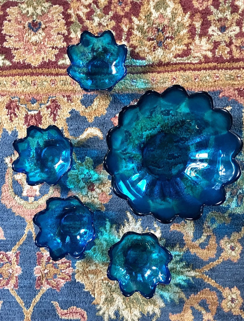 Vintage 1965 / 1966 BLENKO Glass SALAD Bowl SET Peacock Blue Etsy