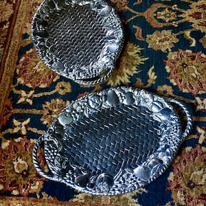 Vintage LENOX Large Metal Serving Tray PAIR Made of Aluminum & Pewter Fancy Fruit / Floral Basketweave Design Elegant Dinner Party Serveware