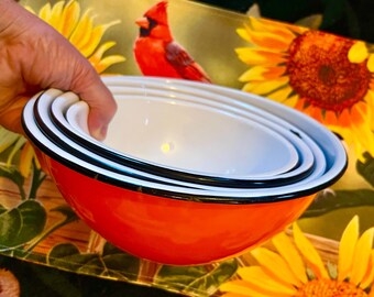 Set of 4 Orange & Black Enameled Nesting Mix Serve Bowls Farmhouse Vintage Retro