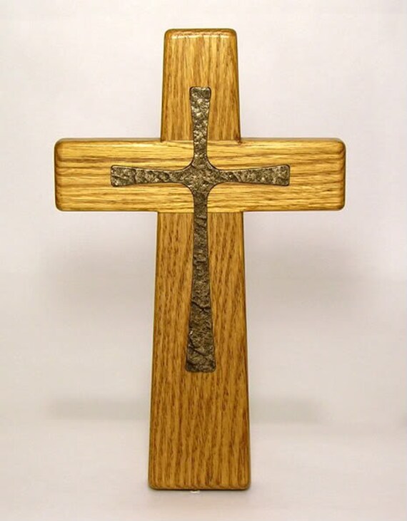 Wood Oak Christian Wall Cross 12 inch with Bronze Resin Inlay Etsy