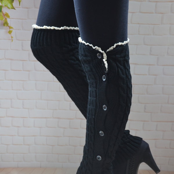 Black   Button Down knited  Leg Warmers    with  lace   Lace, Knee  Sock   Lace Boot  socks slouchy lace leg warmer  lace  boot  cuffs