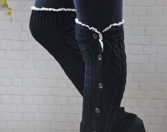 Black   Button Down knited  Leg Warmers    with  lace   Lace, Knee  Sock   Lace Boot  socks slouchy lace leg warmer  lace  boot  cuffs