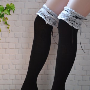 SALE Thigh High black socks,  black  thigh socks with white lace ,sexy long stockings, over the knee socks, lace long  socks