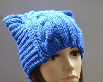 SALE  Blue  Knit Cat Ear Hat,Cat Ear Beanie,Chunky Knit Cat Hat, Cat Hats,  Winter Accessories, Winter Hat, Women's Fashion,
