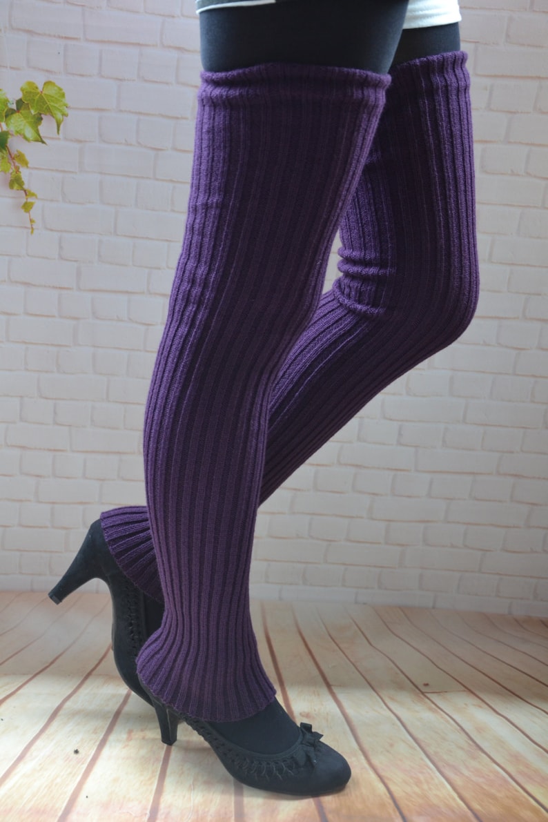 27 in long womens Leg Warmers PURPLE Knit thigh high leg Etsy