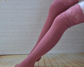 Pink Knee high socks, Thigh high socks,   pink women knee Socks ,Pink  lace top bow socks , boot socks,women leg warmers
