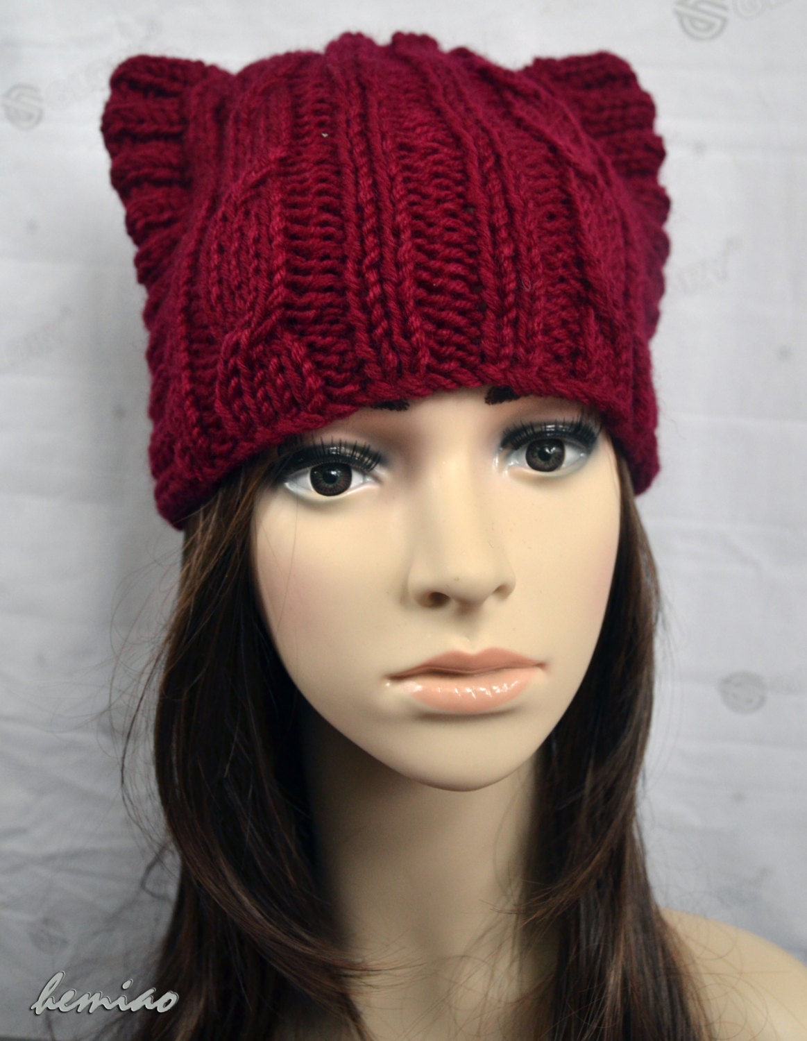 Hand Knit Cat Ear Hat in Dark Red Halloween Hatcat Beanie Etsy
