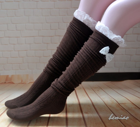 Brown Lace Boot Socks ,lace and Bow Thigh High Socks, Over the Knee Socks,  Lace Long Socks ,girls Leg Warmers, Brown Socks. 
