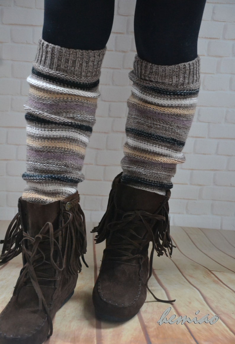 Knit Striped Boot Socks Knit Leg Warmers Adult Legwarmers Womens Leg Warmers Knee High Leg Warmers ,cable boot cuffs ,winter accessories, image 1