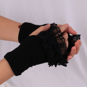 Goth Black Lace Fingerless Gloves: Cotton Mittens, Fashion Accessories