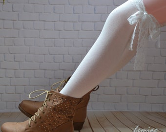 White lace thigh high socks, Knee high socks- socks women knee Socks -socks