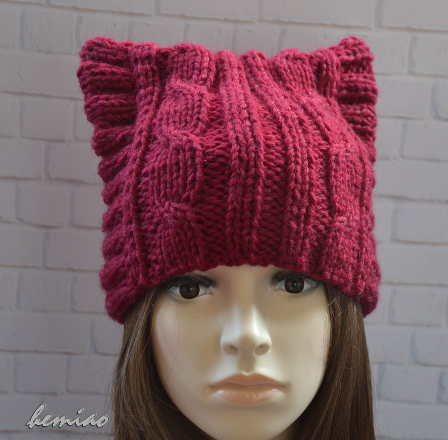 Hand Knit Cat Ear Hat in Dark Red Halloween Hatcat Beanie Etsy