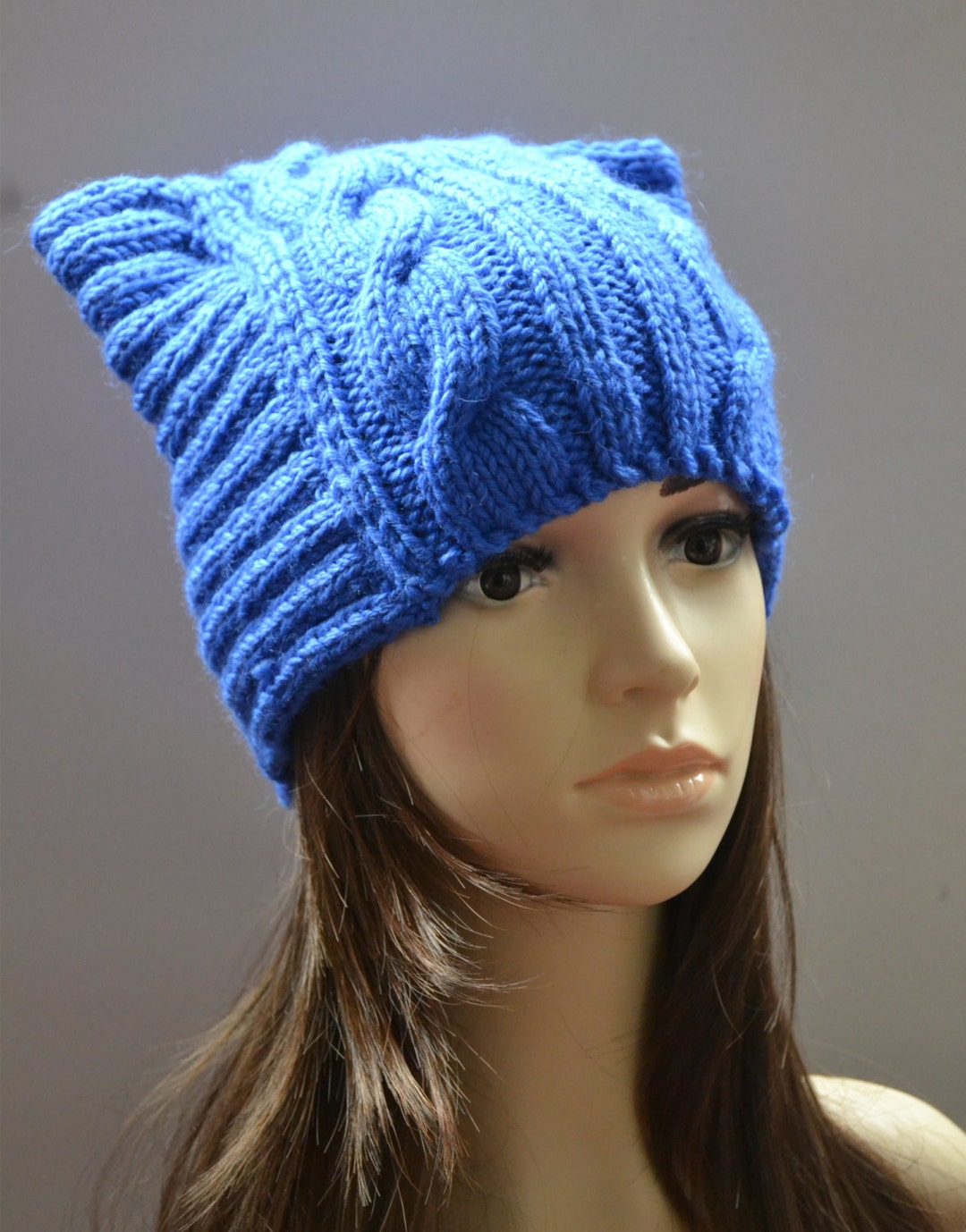 SALE Blue Knit Cat Ear Hat,cat Ear Beanie,chunky Knit Cat Hat, Cat Hats