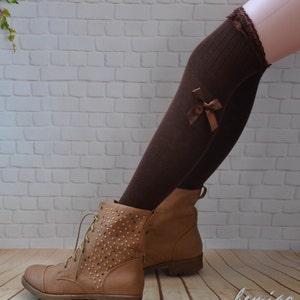 Brown Lace Top Thigh High Socks: Bow Boot Socks