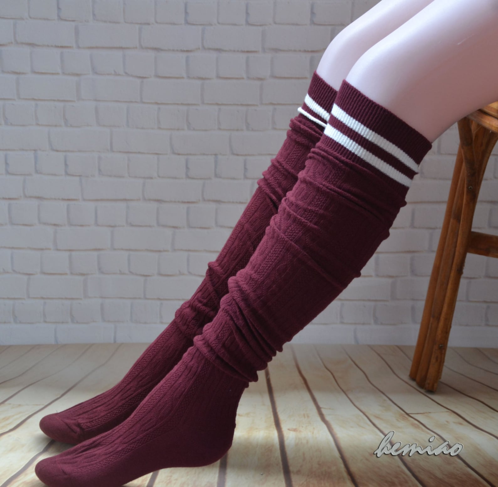 Thigh High Boot Socks striped Socks Knit Wine Red Cotton Etsy