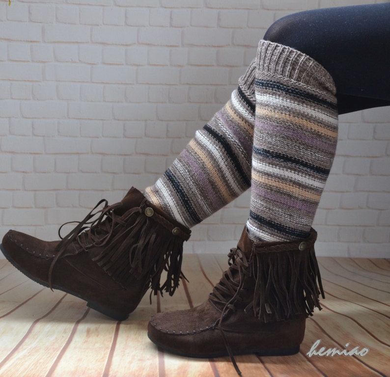 Knit Striped Boot Socks Knit Leg Warmers Adult Legwarmers Womens Leg Warmers Knee High Leg Warmers ,cable boot cuffs ,winter accessories, image 4