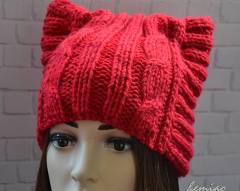 Hand Knit Cat Ear Hat in red, Cat Beanie, Women's Knit Hat, Halloween hat,Knitted Cat Hat, Winter Fashion Accessories,  Chunky Hat