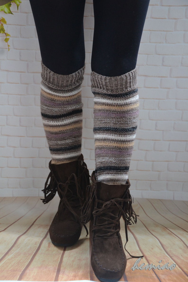 Knit Striped Boot Socks Knit Leg Warmers Adult Legwarmers Womens Leg Warmers Knee High Leg Warmers ,cable boot cuffs ,winter accessories, image 2