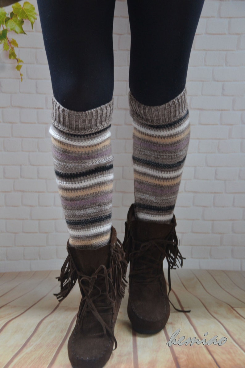 Knit Striped Boot Socks Knit Leg Warmers Adult Legwarmers Womens Leg Warmers Knee High Leg Warmers ,cable boot cuffs ,winter accessories, image 3