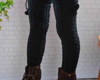 Hand Knit Thigh High Leg Warmers: Wool Blend Cable Knit Socks