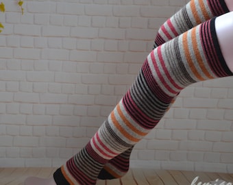 Striped Wool Thigh High Leg Warmers: Over the Knee Socks