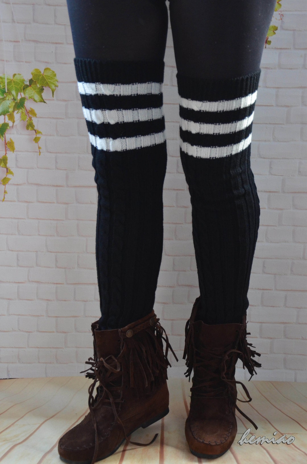 Striped Knit Thigh High Socks: Lace Bow Boot Socks