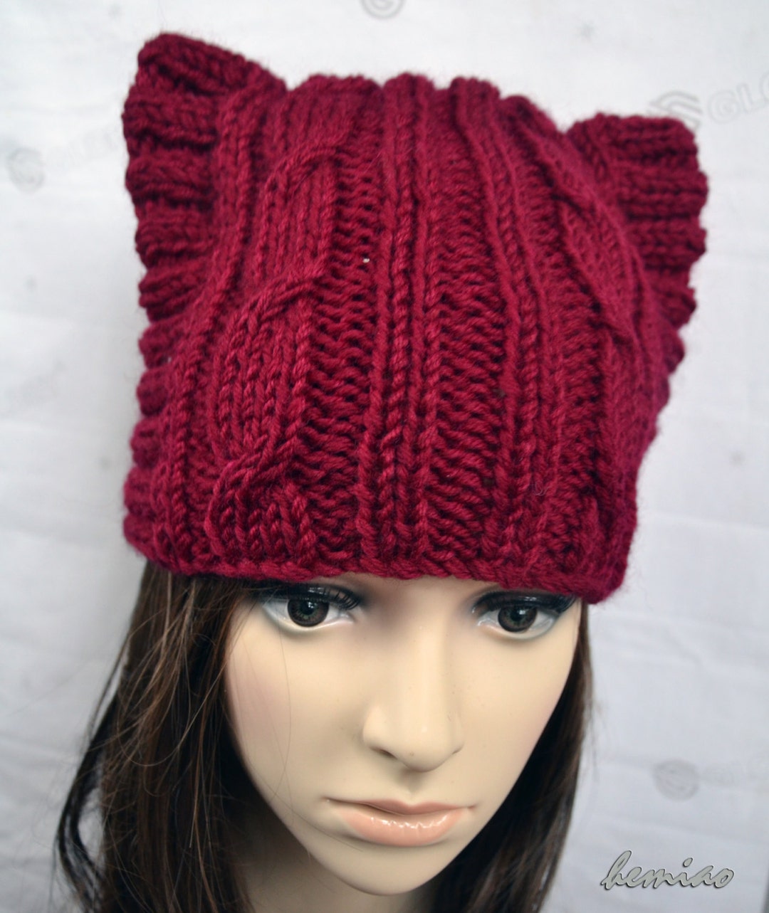 Hand Knit Cat Ear Hat in Dark Red Halloween Hatcat Beanie Etsy