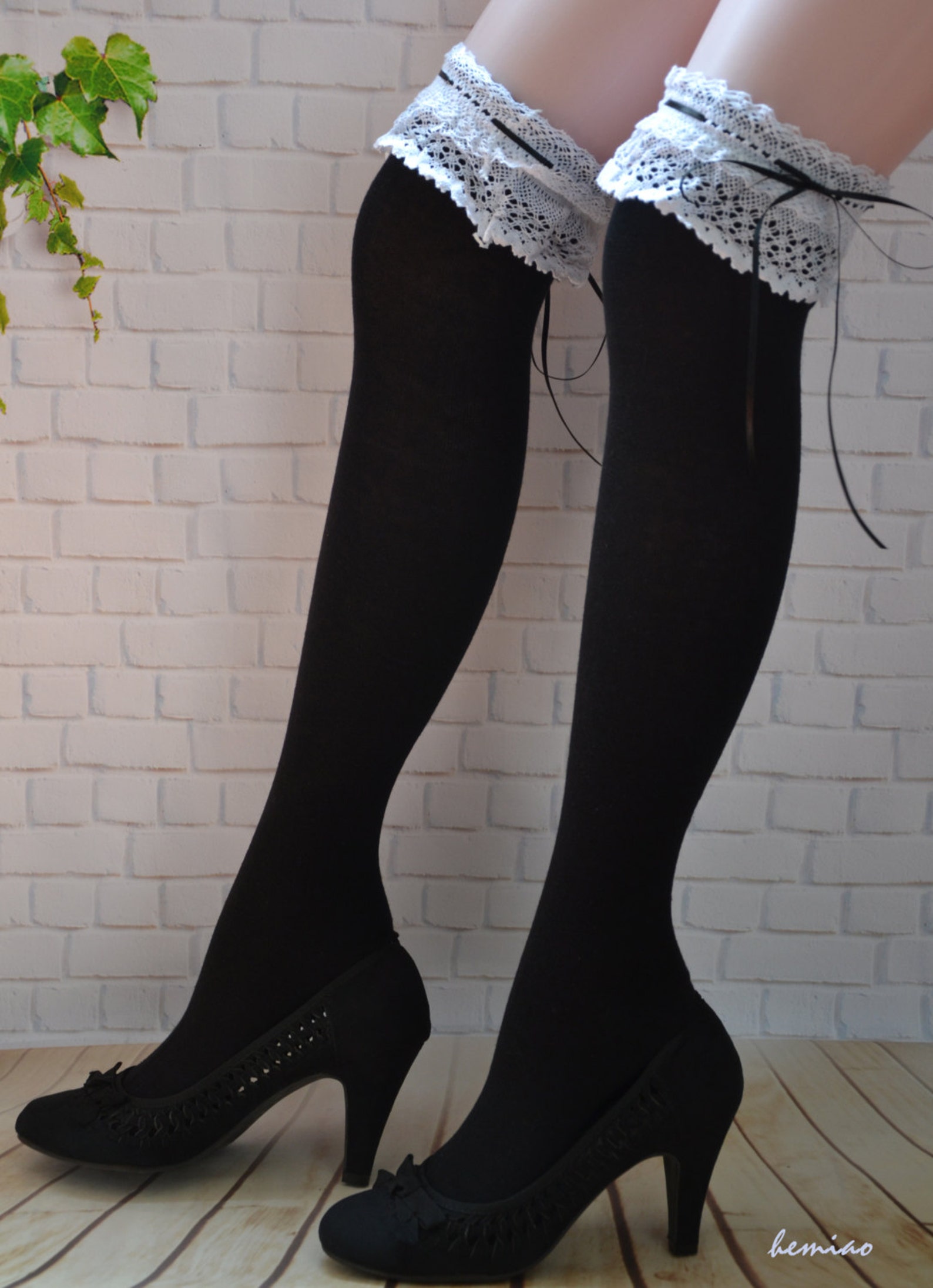 SALE Thigh High Black Socks Black Thigh Socks With White Lace - Etsy