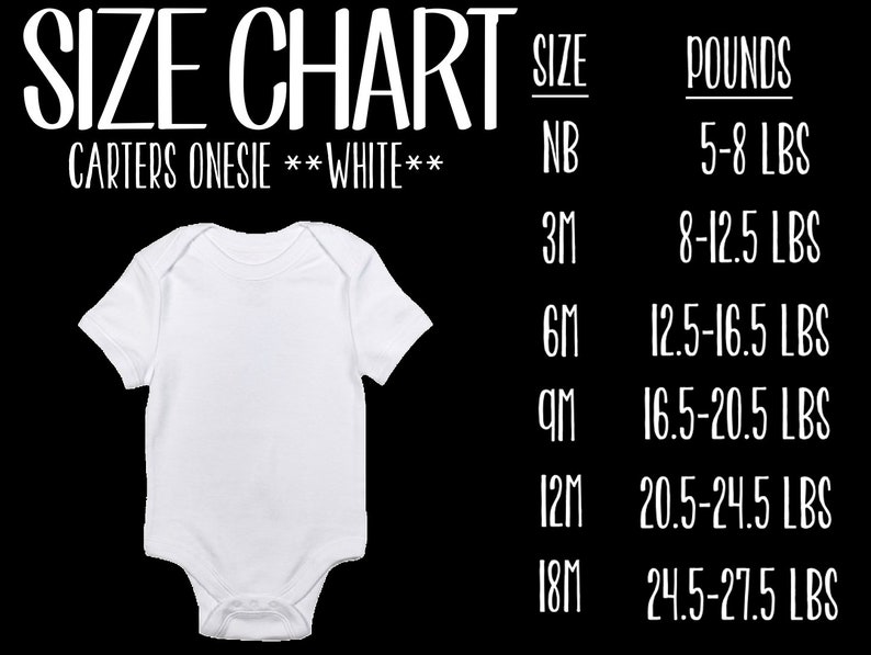 Peut inclure: Tableau des tailles pour les bodys Carter's en blanc. Le tableau indique les tailles du nouveau-n&eacute; &agrave; 18 mois et les fourchettes de poids correspondantes en livres.