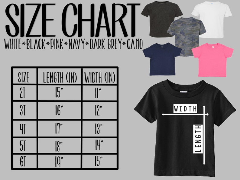 Peut inclure: Tableau des tailles pour t-shirts en tailles 2T, 3T, 4T, 5T et 6T. Le tableau indique la longueur et la largeur de chaque taille en pouces.