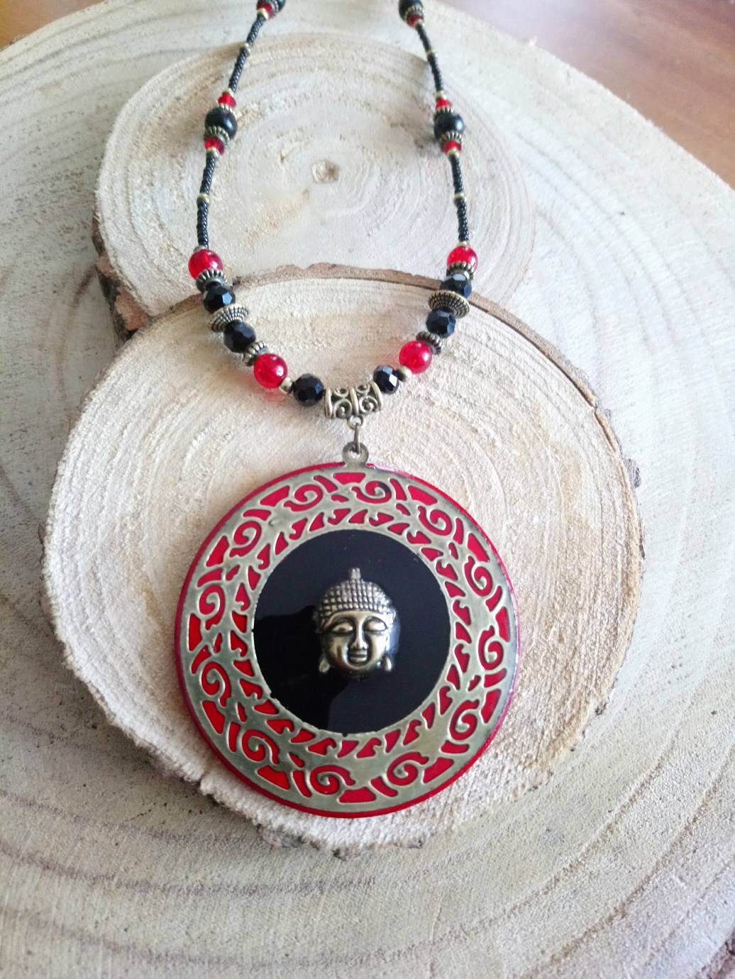 Handmade Necklace Buddha Pendant Bronze Polished Resin Red And 50