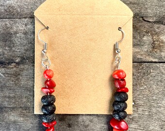 Golden starfishes long earrings with red coral and lava stone black beads