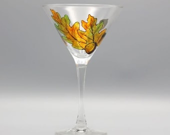 Vidrio Martini de otoño pintado, vidrio martini de otoño personalizado, diseño de hojas de roble cálidas, vidrio de martini personalizado, grandes regalos de otoño