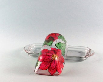 Painted Christmas Butter Dish, Poinsettia Design, Custom Butter Dish, Christmas Hostess Gift, Christmas Tableware, Christmas Glasses,