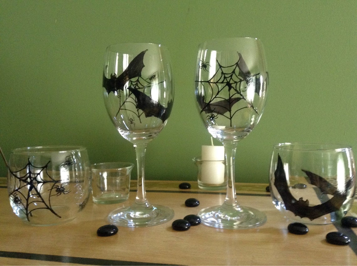 Painted Halloween Wine Glasses Spooky Halloween Design Etsy