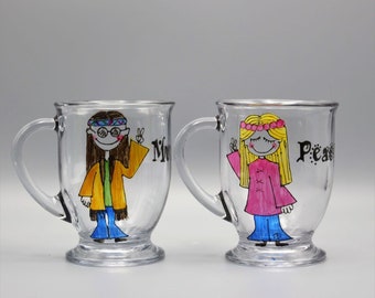 Hand Painted Hippie Coffee Mugs with a Hippie Guy and Girl Design - Colorful Artisan Mugs - Boho Gift Him and Her- Set of Two