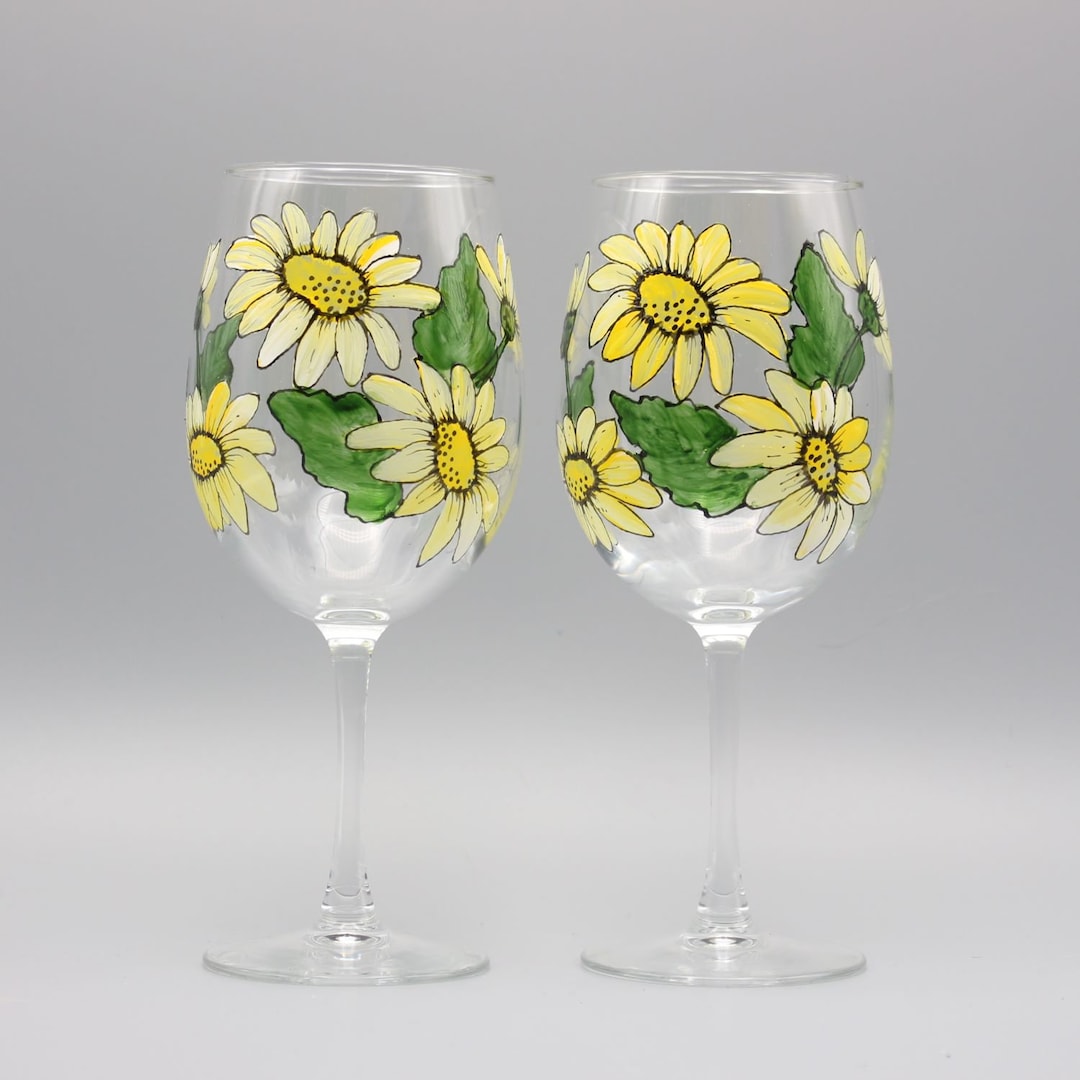 Hand Painted Daisy Wine Glasses Painted Wine Glasses Lovely Etsy