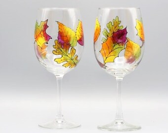 Hand Painted Fall Leaves Wine Glasses  with Vibrant Fall Leaves Design - Autumn Colors - Rustic Wine Glasses - Fall Gift - Set Of Two
