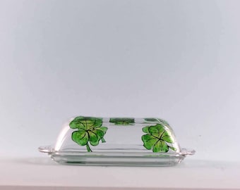 Painted Shamrock Butter Dish, St. Patrick's Day Butter Dish, Shamrocks In Shades of Green, Gifts For St. Patrick's Day, Irish Gifts