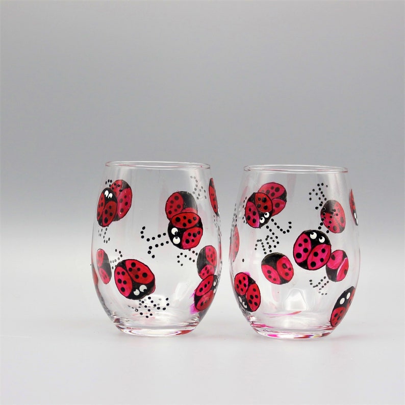 Painted Ladybug Wine Glasses Whimsical Ladybugs Ladybug Wine Etsy
