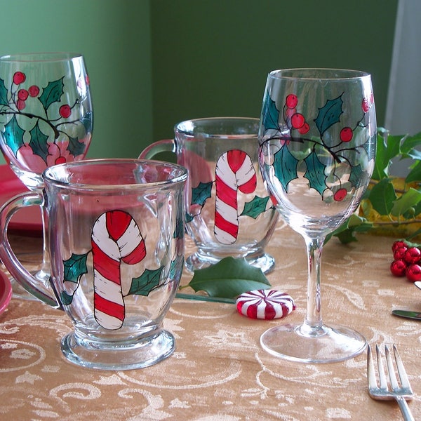 Painted Christmas Wine Glasses, Painted Christmas Mugs, Christmas Tableware,  Holly and Candy Cane Design, Christmas Gift Set of Four