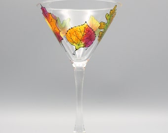 Painted Fall Leaves Martini Glass with Autumn Leaves Design - Fall Colors - Unique Seasonal Glassware - Hostess Gift for Thanksgiving