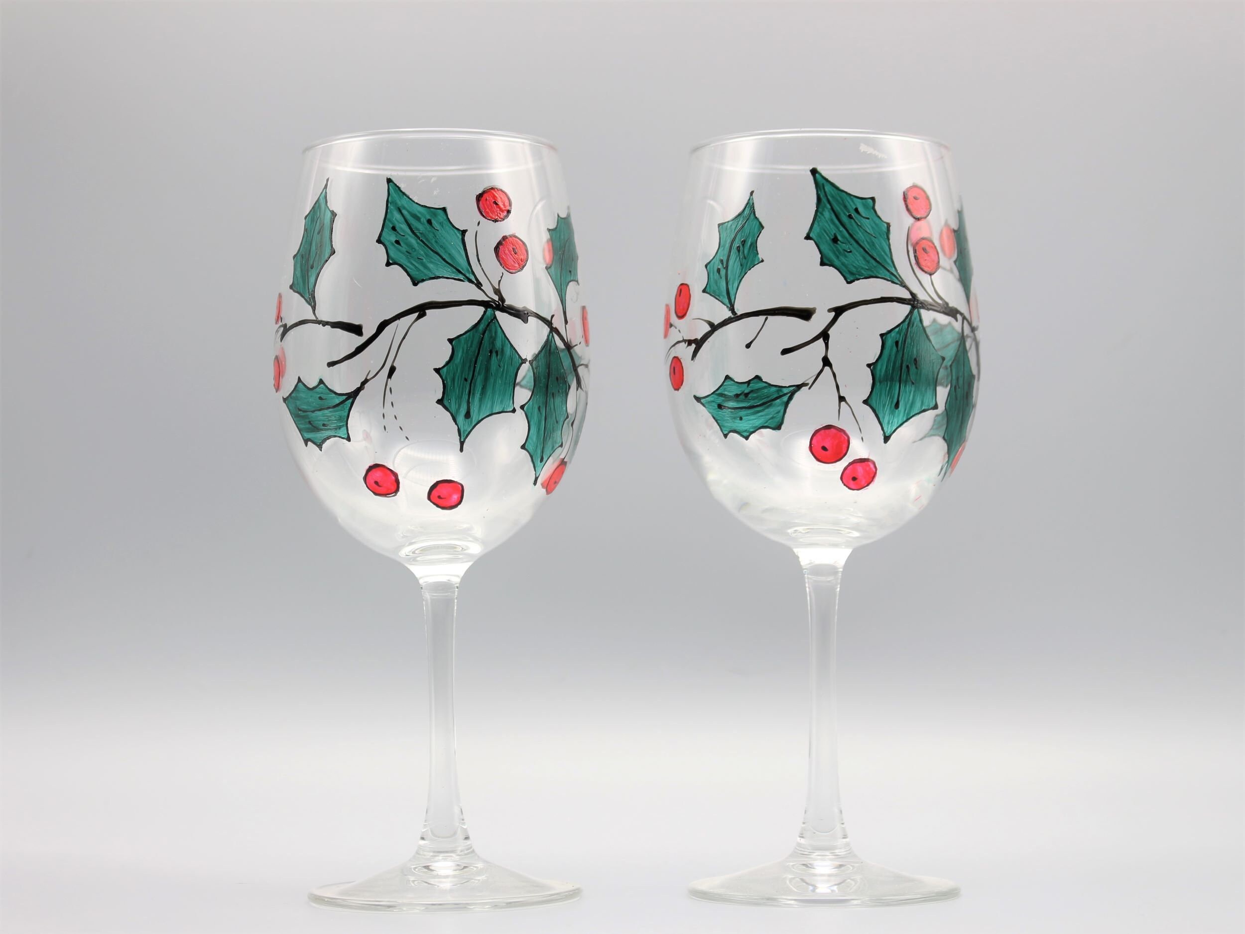 Christmas Wine Glasses - Set of 2 Stemless - Hand Painted - Holly