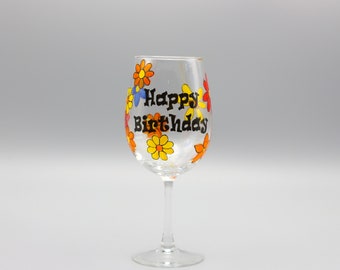 Hand Painted Birthday Wine Glass With Flowers